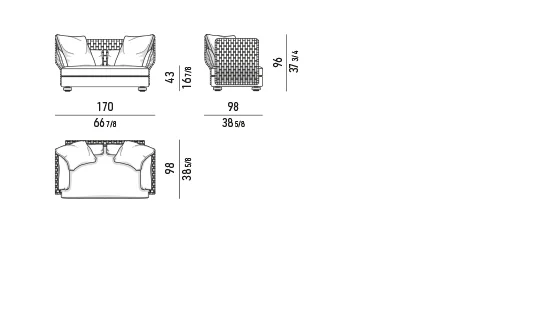 Sofa ngoài trời dây dệt cong chữ S chân gỗ tếch - Sofa lưng cao 170x98 cm, một lưng tựa