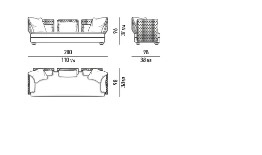 Sofa ngoài trời dây dệt cong chữ S chân gỗ tếch - Sofa lưng cao 280x98 cm