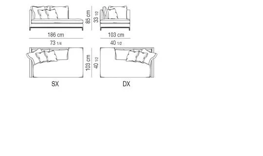 Sofa tay vịn mảnh ngang lưng thoải mái xếp gối tự do - Chaise-longue 186 cm