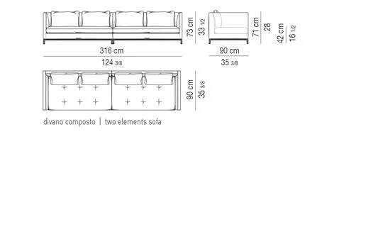 Sofa mỏng tay vịn thon chần bông nệm ngồi phong cách Ý - Sofa 316 cm