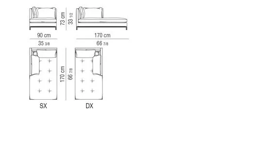 Sofa mỏng tay vịn thon chần bông nệm ngồi phong cách Ý - Chaise longue 90 cm