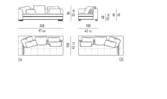 Sofa modul chần bông đường may tỉ mỉ lưng góc bo tròn - Modul một tay vịn 248 cm