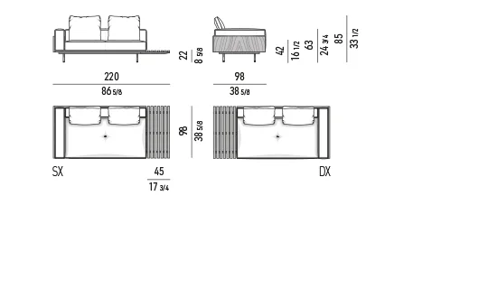 Sofa khung gỗ palisander nâu đậm chân kim loại - Modul một tay vịn 220 cm, mặt bàn nhỏ - gỗ óc chó