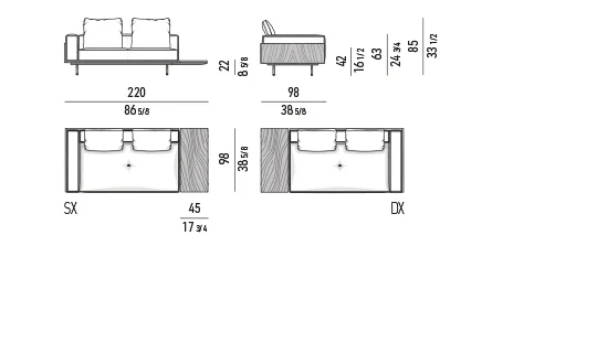 Sofa khung gỗ palisander nâu đậm chân kim loại - Modul một tay vịn 220 cm, mặt bàn nhỏ - gỗ palisander