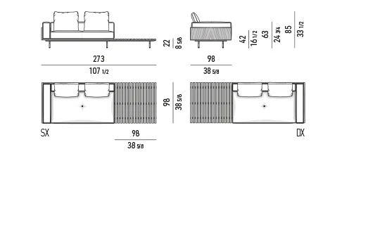 Sofa khung gỗ palisander nâu đậm chân kim loại - Modul một tay vịn 273 cm, mặt bàn lớn - gỗ óc chó
