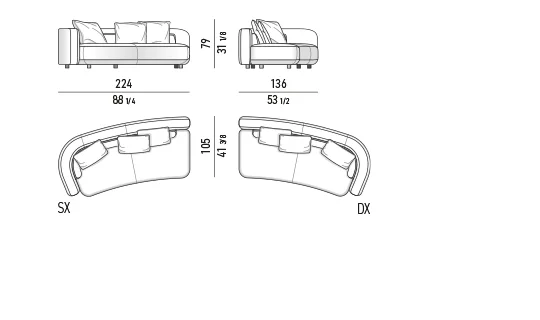 Sofa modul đường cong hữu cơ ghép tự do thành đảo ngồi - Modul một tay vịn 224 cm