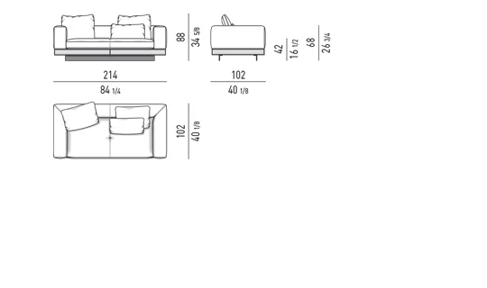 Sofa modul kiến trúc kèm mặt kệ phụ đế nhôm cánh mỏng - Sofa 214 cm, mô-đun ngồi 83 cm