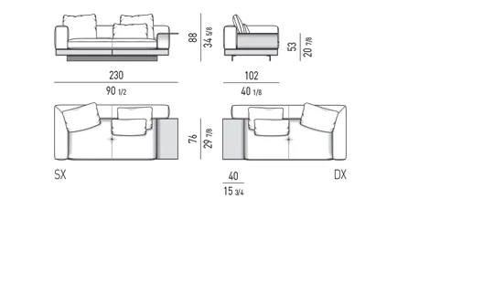 Sofa modul kiến trúc kèm mặt kệ phụ đế nhôm cánh mỏng - Sofa có mặt kệ phụ 230 cm, mô-đun ngồi 83 cm