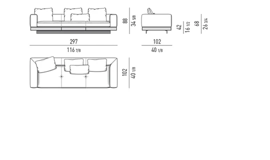 Sofa modul kiến trúc kèm mặt kệ phụ đế nhôm cánh mỏng - Sofa 297 cm, mô-đun ngồi 83 cm
