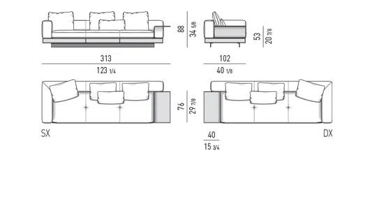 Sofa modul kiến trúc kèm mặt kệ phụ đế nhôm cánh mỏng - Sofa có mặt kệ phụ 313 cm, mô-đun ngồi 83 cm