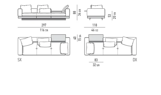 Sofa modul kiến trúc kèm mặt kệ phụ đế nhôm cánh mỏng - Sofa giường ban ngày có mặt kệ phụ 297 cm, mô-đun ngồi 83 cm