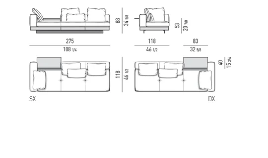 Sofa modul kiến trúc kèm mặt kệ phụ đế nhôm cánh mỏng - Modul giường ban ngày có mặt kệ phụ 275 cm, mô-đun ngồi 83 cm