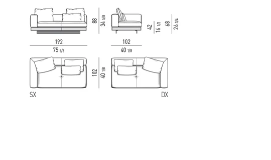 Sofa modul kiến trúc kèm mặt kệ phụ đế nhôm cánh mỏng - Modul một tay vịn 192 cm, mô-đun ngồi 83 cm