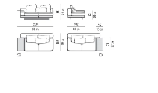 Sofa modul kiến trúc kèm mặt kệ phụ đế nhôm cánh mỏng - Modul một tay vịn có mặt kệ phụ 208 cm, mô-đun ngồi 83 cm