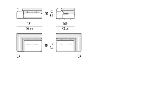 Sofa modul bo tròn chồng khối nệm ngồi nghiêng khung nhôm cong - Modul một tay vịn 151 cm