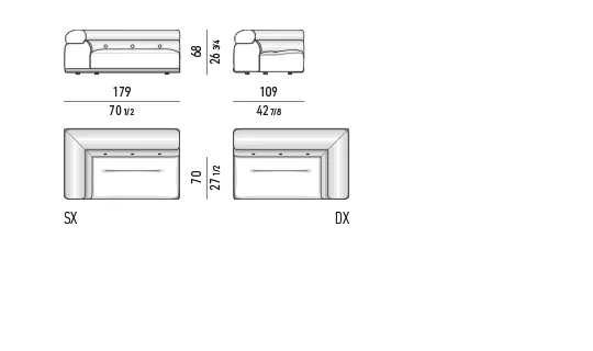 Sofa modul bo tròn chồng khối nệm ngồi nghiêng khung nhôm cong - Modul một tay vịn 179 cm