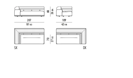 Sofa modul bo tròn chồng khối nệm ngồi nghiêng khung nhôm cong - Modul một tay vịn 207 cm