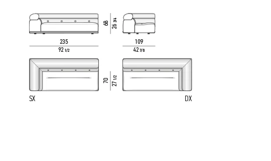 Sofa modul bo tròn chồng khối nệm ngồi nghiêng khung nhôm cong - Modul một tay vịn 235 cm