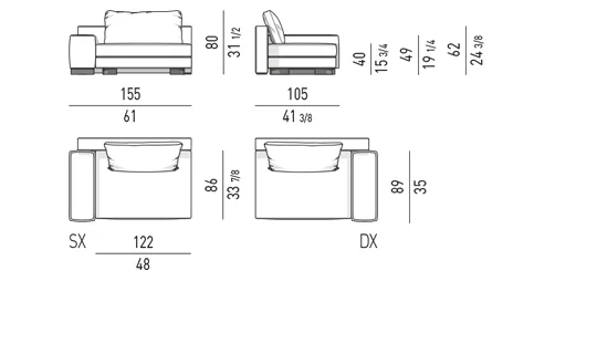 Sofa modul đường cong elip tựa lưng lệch đôn rời - Modul một tay vịn 155 cm