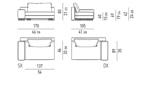 Sofa modul đường cong elip tựa lưng lệch đôn rời - Modul một tay vịn 170 cm