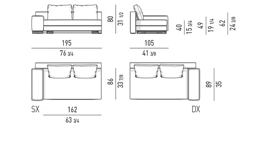 Sofa modul đường cong elip tựa lưng lệch đôn rời - Modul một tay vịn 195 cm