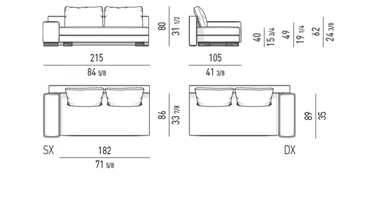 Sofa modul đường cong elip tựa lưng lệch đôn rời - Modul một tay vịn 215 cm