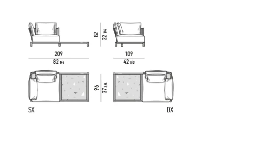 Sofa ngoài trời khung dây bện hình quạt chân teak trụ tròn - Modul một tay vịn có mặt bàn phụ 209x109 cm
