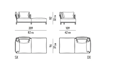 Sofa ngoài trời khung dây bện hình quạt chân teak trụ tròn - Modul đầu hở có tay vịn 209x109 cm
