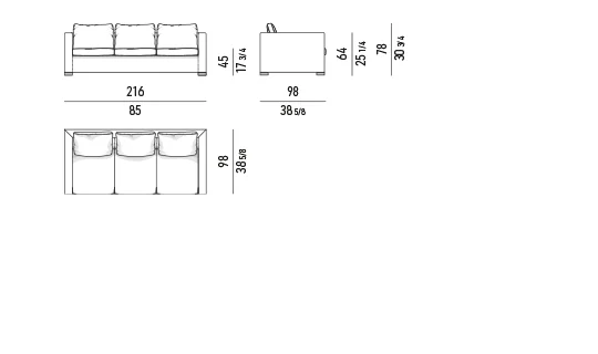 Sofa ngồi sâu đệm lưng mềm chân chrome hoặc đồng - Sofa 216 cm
