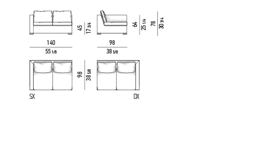 Sofa ngồi sâu đệm lưng mềm chân chrome hoặc đồng - Modul một tay vịn 140 cm