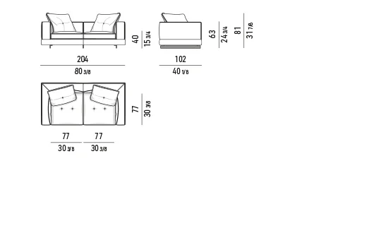 Sofa modul dáng thấp sát sàn đường chỉ mềm - Sofa thấp 204 cm, đệm ngồi 77 cm