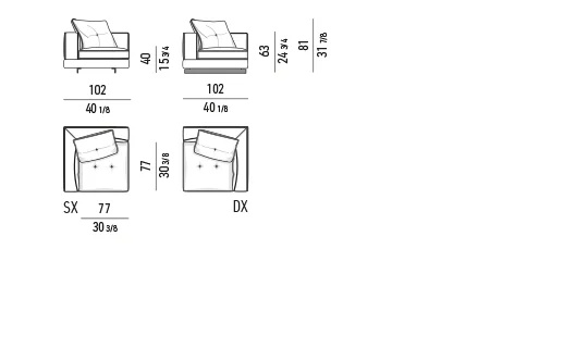Sofa modul dáng thấp sát sàn đường chỉ mềm - Modul góc có tay vịn thấp 102 cm