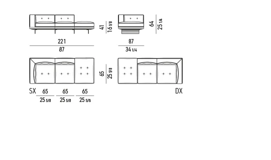 Sofa modul chiều sâu thu gọn đế treo cho căn hộ - Nhỏ - Modul đầu hở có tay vịn 221 cm