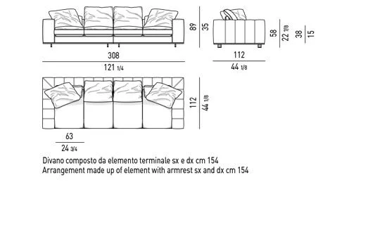 Sofa mô-đun nệm lông vũ êm như chăn bông, chân khung đồng - Sofa ghép 308 cm