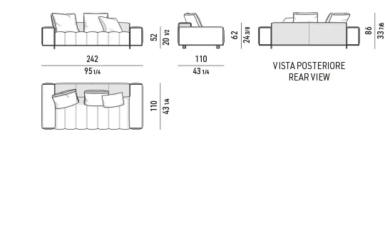 Sofa mô-đun nệm chần ô lò xo túi, khay da tuỳ chọn - Tay vịn thấp – Sofa 242 cm