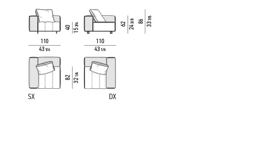 Sofa mô-đun nệm chần ô lò xo túi, khay da tuỳ chọn - Modul 1 tay vịn 110 cm
