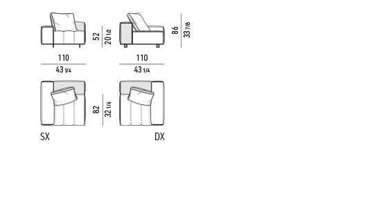 Sofa mô-đun nệm chần ô lò xo túi, khay da tuỳ chọn - Tay vịn thấp – Modul 1 tay vịn 110 cm