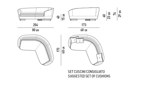Sofa dáng cong mềm chân đồng, kèm ghế bành và đôn - Sofa góc 204 cm
