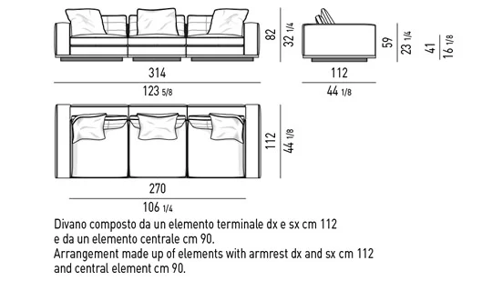 Sofa mô-đun cổ điển hiện đại, tay vịn cao thấp - Sofa 314 cm, tay vịn cao
