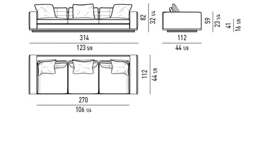Sofa mô-đun cổ điển hiện đại, tay vịn cao thấp - Sofa 314 cm, tay vịn cao