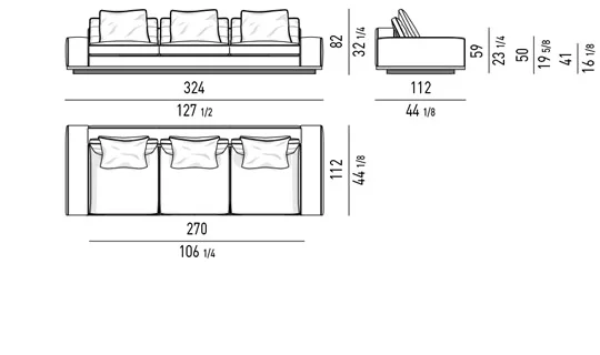 Sofa mô-đun cổ điển hiện đại, tay vịn cao thấp - Sofa 324 cm, tay vịn thấp