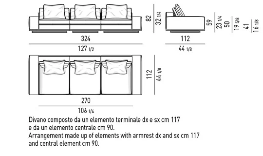 Sofa mô-đun cổ điển hiện đại, tay vịn cao thấp - Sofa 324 cm, tay vịn thấp