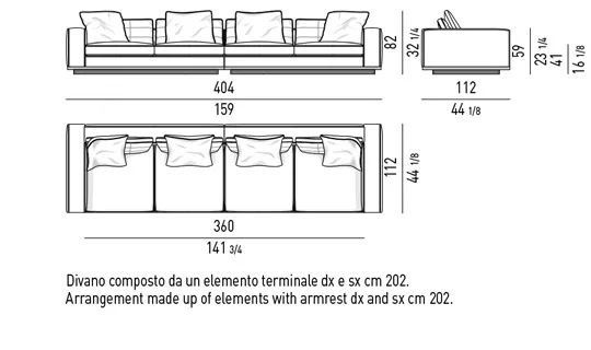 Sofa mô-đun cổ điển hiện đại, tay vịn cao thấp - Sofa 404 cm, tay vịn cao