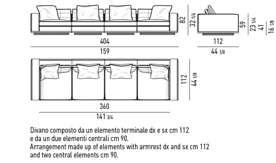 Sofa mô-đun cổ điển hiện đại, tay vịn cao thấp - Sofa 404 cm, tay vịn cao