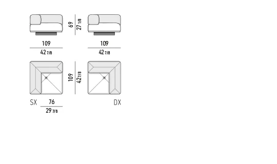 Sofa mô-đun đa giác khối chồng lớp, lưng tựa nghiêng chéo - Modul 1 tay vịn 109 cm
