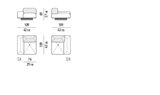 Sofa mô-đun đa giác khối chồng lớp, lưng tựa nghiêng chéo - Modul 1 tay vịn bản thấp 109 cm