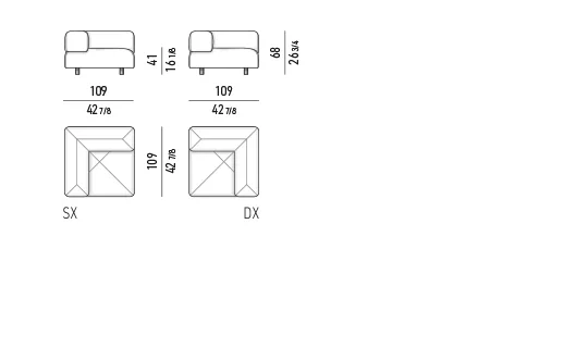 Sofa ngoài trời mô-đun đa giác nệm chần, chân thép nâng nhẹ - Modul 1 tay vịn 109 cm