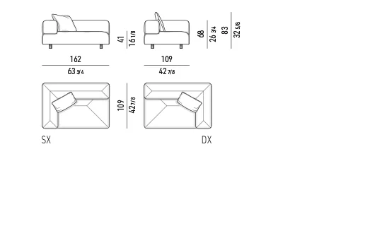 Sofa ngoài trời mô-đun đa giác nệm chần, chân thép nâng nhẹ - Modul 1 tay vịn 162 cm