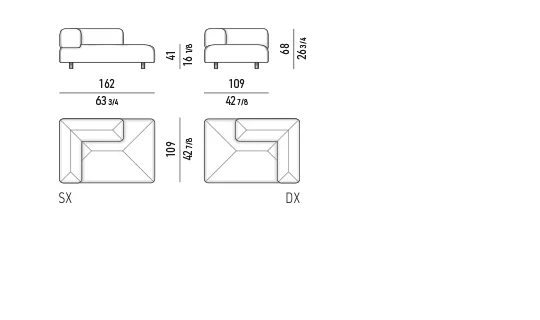 Sofa ngoài trời mô-đun đa giác nệm chần, chân thép nâng nhẹ - Modul đầu hở có tay vịn 162 cm