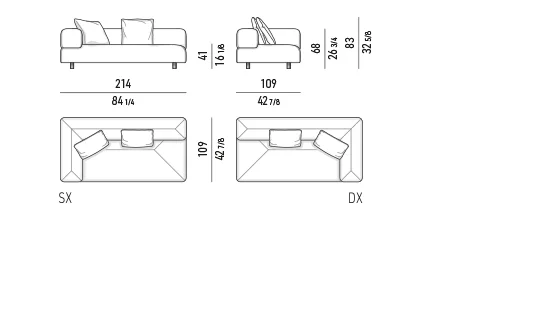 Sofa ngoài trời mô-đun đa giác nệm chần, chân thép nâng nhẹ - Modul 1 tay vịn 214 cm